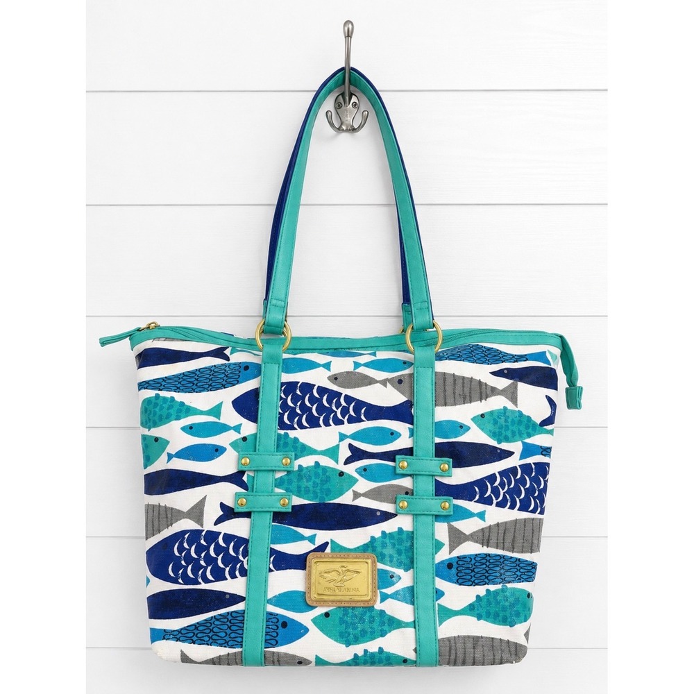 Sam & Hadley Nautical Fish Print Canvas Tote Bag Blue Teal Gold Tone Hardware
